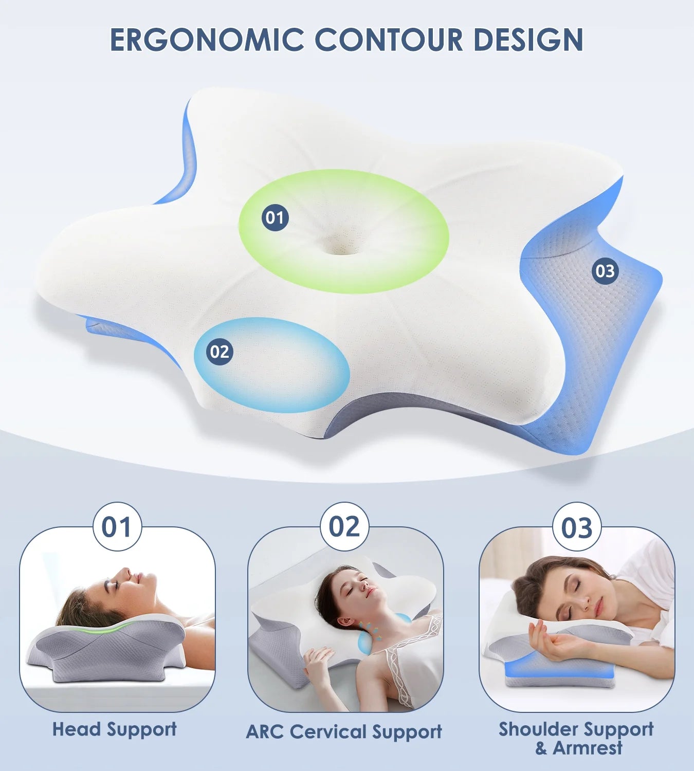 Cervical Pillow for Neck Pain Relief, Contour Memory Foam Pillows, Odorless Ergonomic Neck Pillow Adjustable Orthopedic Bed Pillow for Side Back Stomach Sleeper with Pillowcase, Queen Size