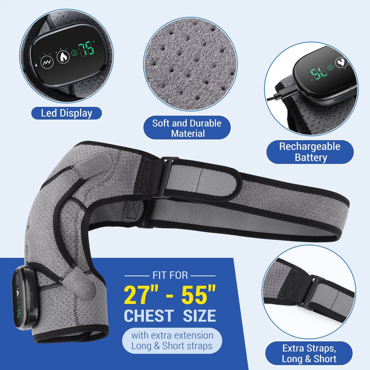 Heated Shoulder Wrap, Shoulder Heating Pads Massager for Men Women, Electric Cordless Vibration Massage Heated Shoulder Braces with 3 Heating Setting, Left Right Shoulder Massage for Relaxation