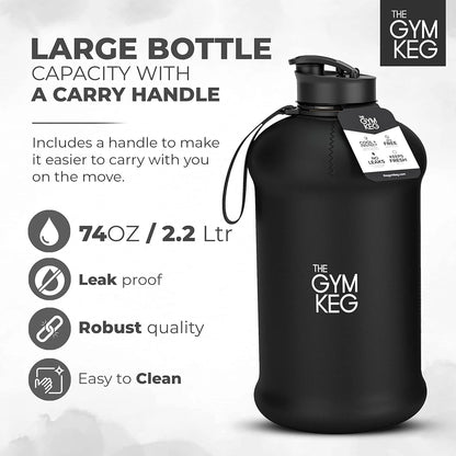 74Oz Half Gallon Water Bottle with Carry Handle, Leakproof, Eco-Friendly, Tritan BPA Free Plastic (Stealth Black)